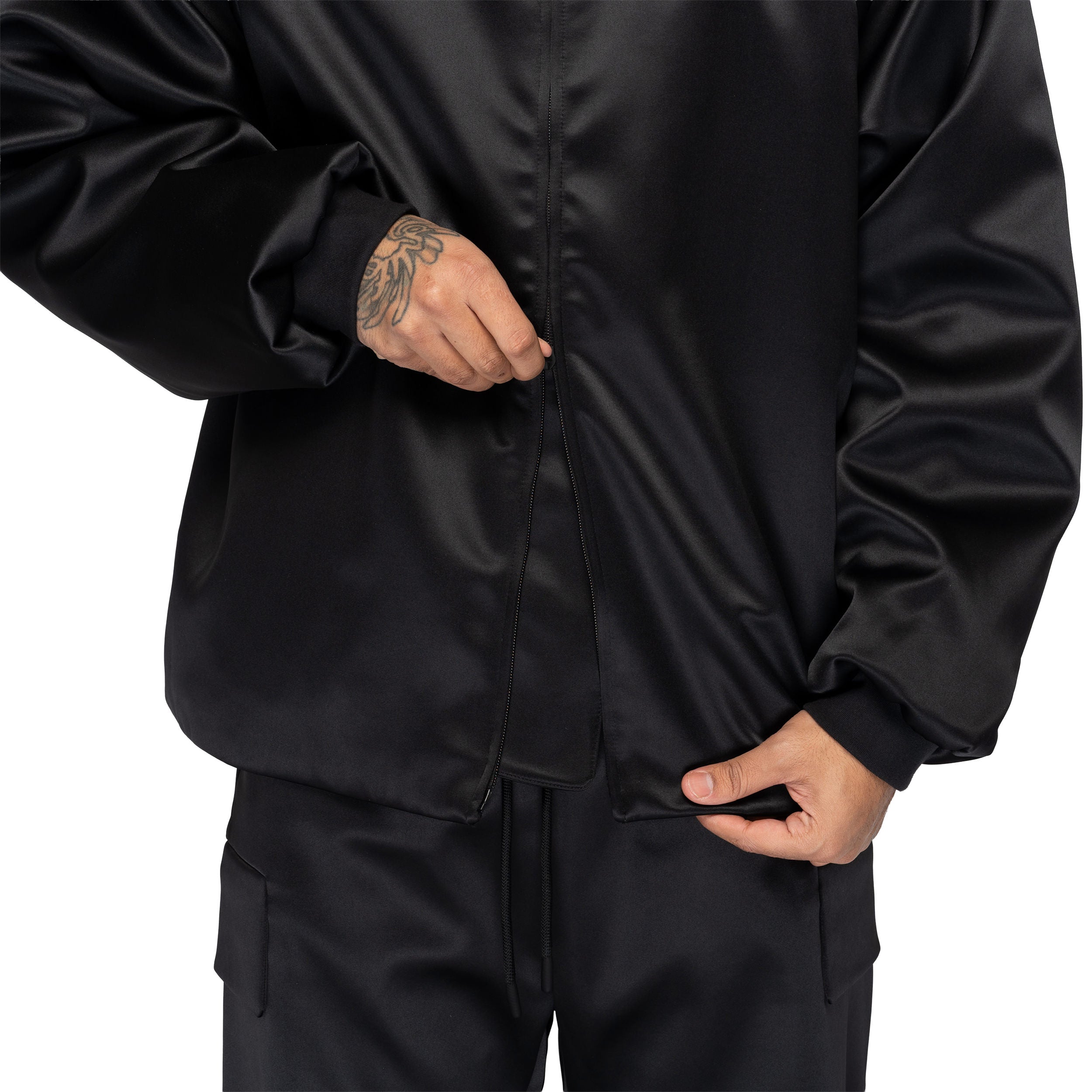 Hooded Satin Bomber Jacket Vintage Black 202HO568101F